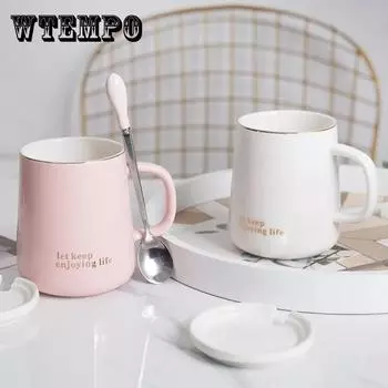 Кофейная чашка, кружка с крышкой, ложка, чайная чашка, студентка, корейская чашка для пары, керамическая бытовая милая чашка One size