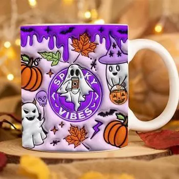 Кофейная чашка на Хэллоуин, керамическая кружка с тыквой, призрачным черепом и ручкой 7