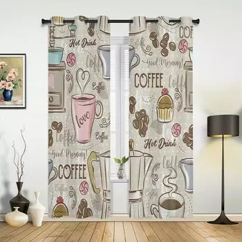 Кофейная чашка, торт, конфеты, современные шторы для зала, гостиной, кухни, спальни для мальчиков и девочек, длинные шторы для окон, декор для дома 135W x 60H(cm) x1