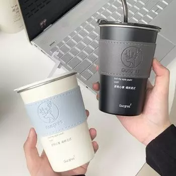 Кофейная кружка из нержавеющей стали с соломенной крышкой, портативная кофейная чашка для питья пива, молока, воды, ресторан, бар, вечеринка, 500 мл 500ml серебряный/коричневый