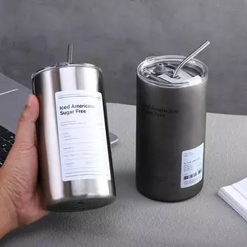 Кофейная кружка на 600 мл, эффективная изоляция, хорошая герметичность, герметичный двойной слой с соломинкой, фруктовый сок из нержавеющей стали серый