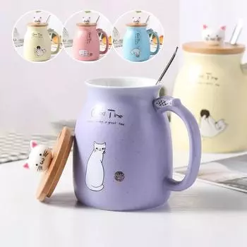 Кофейная кружка с крышкой в стиле «кошачья керамическая чашка» с ложкой, милая кавайная кружка для чая с молоком и ручкой, подарок на день рождения 401-500ml розовый