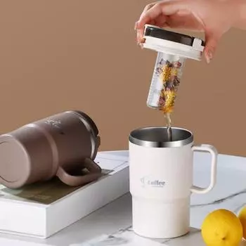 Кофейная кружка Yousheng из нержавеющей стали, термостакан для воды с крышкой-соломинкой для разделения чая и складной ложкой, дорожная кружка без содержания бисфенола А чёрный