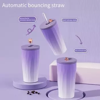 Кофейная кружка Yousheng с вакуумной изоляцией и соломенной градиентной соломенной кружкой из нержавеющей стали объемом 600 мл, устойчивая к ржавчине, для горячих и холодных напитков, для женщин и мужчин синий