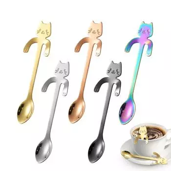 Кофейная ложка из нержавеющей стали, милая чайная ложка в форме кошки, десертная ложка для закусок, мини-ложки для мороженого 11*1.8CM разноцветный