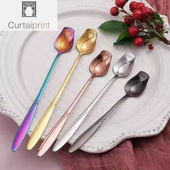 Кофейная ложка с длинной ручкой, ложка для перемешивания розы из нержавеющей стали, необычная ложка для цветов, маленькая чайная ложка для десертного мороженого, хороший подарок 13CM розового золота