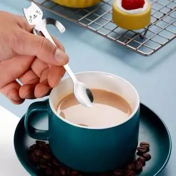 Кофейная ложка с ручкой котенка из нержавеющей стали, удобная ручка без заусенцев, устойчивая к ржавчине, креативная подвесная ложка для перемешивания для домашнего ресторана, отеля, пикника серебряный