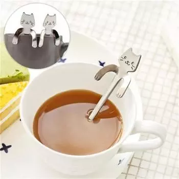 Кофейная ложка с ручкой котенка из нержавеющей стали, удобная ручка без заусенцев, устойчивая к ржавчине, креативная подвесная ложка для перемешивания для домашнего ресторана, отеля, пикника серебряный