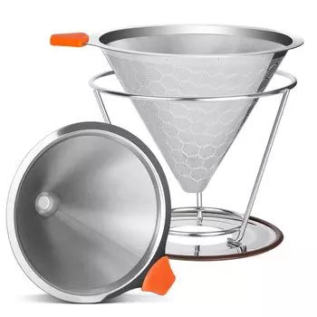 Кофейная воронка из нержавеющей стали, фильтр-сетка, кофейный фильтр, безбумажный, разделяемый конус, легкий, многоразовый, для 1–4 чашек [Saiveina], 2 слоя
