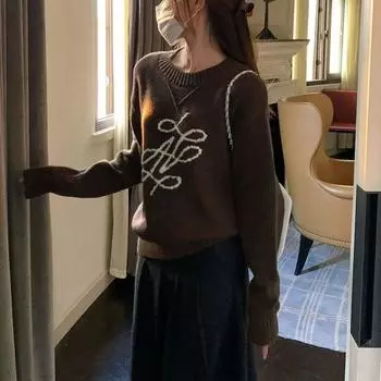 Кофейная вышивка вязаные джемперы женская одежда базовые свободные осенне-зимние шикарные повседневные свитера с круглым вырезом и длинными рукавами в винтажном стиле S коричневый