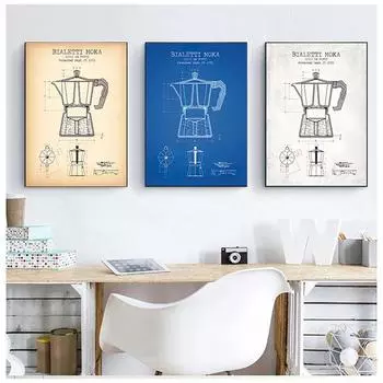Кофейник, патентные постеры и принты, Bialetti Moka Coffee Blueprint, художественная картина, холст, картина для кухни, настенный художественный декор A4 21x30cm No Frame