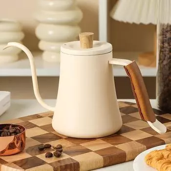 Кофейник ручной заливки из нержавеющей стали Swan Neck 304, 600 мл 0.6L wood grain handle