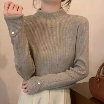 Кофейного цвета полувысокий ворот вязаный базовый свитер для женщин осень и зима тонкий внутренний свитер верх S чёрный