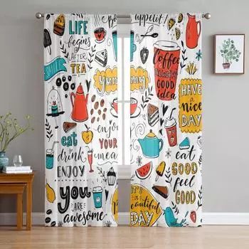Кофейня, кафе, каракули, чайник, чашка, еда, тюлевые прозрачные оконные шторы для гостиной, спальни, современная вуаль, занавески из органзы, шторы W135 x H115cm x1