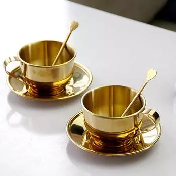 Кофейные чашки из нержавеющей стали с ложкой и блюдцем, кофейные кружки с двойными стенками, посуда для напитков для латте, эспрессо, чая с молоком серебряный