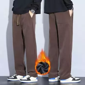 Кофейные хаки, черные, серые, свободные повседневные брюки, мужские зимние флисовые термобрюки, модные, толстые бархатные, прямые, широкие спортивные брюки M чёрный/белый