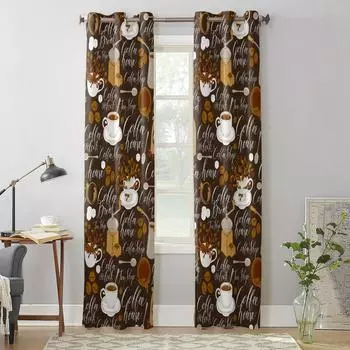 Кофейные кофейные зерна, кофейная чашка, оконная занавеска для гостиной, роскошная занавеска с балдахином для спальни, дома, кухни, декоративная занавеска 135W x 60H(cm) x1