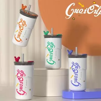 Кофейные кружки Термос из нержавеющей стали с соломой Холодная изоляция Бутылка для воды Керамический изолированный стакан Кофейная дорожная кружка 410ml чёрный