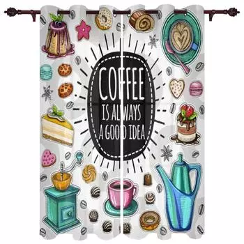 Кофейные кухонные шторы Еда и напитки Кофейные оконные шторы Кухонные шторы Панельные шторы для домашнего декора для гостиной 2 шт. (W50H130cm)-2pcs&Hook