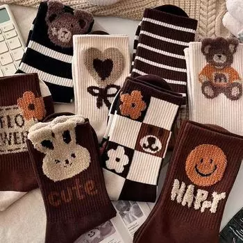 Кофейные носки женские полосатые чулки с перьями из пряжи медведя милые мультяшные носки Майяра One Size