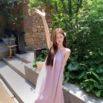 Кофейный перерыв Французское фиолетовое платье на подтяжках 2025 Новое женское летнее маленькое праздничное длинное платье в стиле Design Sense S фиолетовый