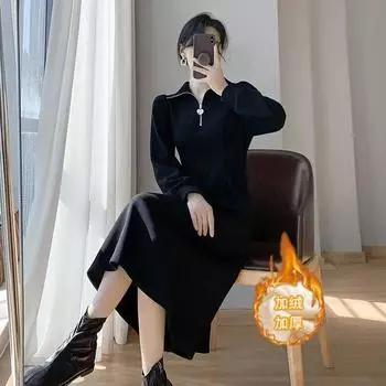 Кофейный перерыв Французское платье с длинным рукавом Женское маленькое осенне-зимнее высококачественное темпераментное флисовое утолщенное пальто с длинным платьем S