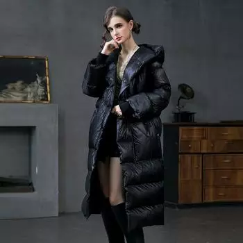 Кофейный пуховик женский длинный выше колена 2024 зима новый европейский и американский модный дизайнер большой размер супер толстое пальто 36 (S) 98-59kg or so чёрный