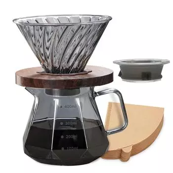 Кофейный сервиз ESTVLB, термостойкое стекло, деревянный держатель, кофейная воронка, 400 мл, со шкалой, на 1-2 персоны