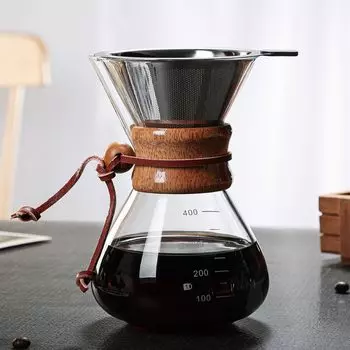 Кофейный сервиз, кофейник, стеклянная кофеварка, термостойкое стекло 400 мл X 16 см, микроволновая печь, посудомоечная машина, совместимый с IH, двухслойный фильтр, V-образный носик, высокий