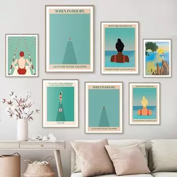 Когда сомневаешься Плавание Настенные художественные принты Скандинавские постеры Летнее плавание Картина на холсте Морская вода Картины для гостиной Домашний декор 21x30cm No Framed красный