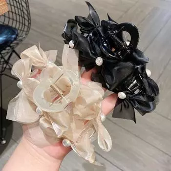 Коготь для волос с бантом из искусственного жемчуга, весенний дизайн, скрещенные зубы, сильная фиксация, аксессуары для волос, нескользящие женские аксессуары легкие хаки