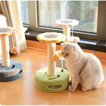 Когтеточка для кошек 2 в 1 с игрушечной дорожкой, цветочным верхом, натуральная когтеточка и мячик для домашних кошек жёлтый/зелёный