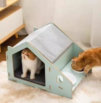 Когтеточка для кошек, деревянная кровать для кошачьего домика, когтеточка для кошек для домашнего кошачьего домика с двойными чашами 58*41*40cm жёлтый