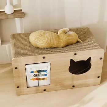 Когтеточка для кошек Гофрированная когтеточка для кошек 2 в 1 Многосторонняя когтеточка для домашних кошек Деревянная когтеточка для кошек с картоном L