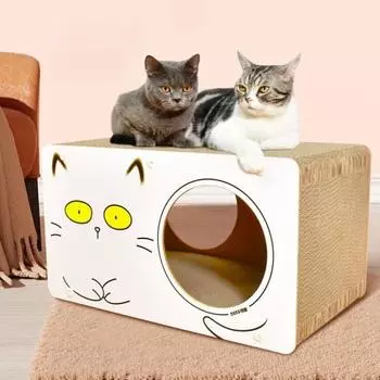 Когтеточка для кошек Стильный картонный кошачий домик Просторная кошачья квартира Кошачья кроватка Прочный коврик для кошачьих царапин защищает мебель Идеально подходит для игр, отдыха и царапин 54x31x30cm