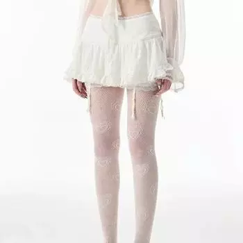Кокетка мини-юбка женская 2024 Kawaii кружевная сетка в стиле пэчворк сексуальная белая высокая талия трапециевидная юбка в стиле Лолиты с рюшами Fairycore S белый