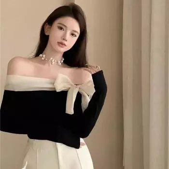 Кокетка с открытыми плечами, черные футболки, женские корейские стильные шикарные коричневые футболки с длинными рукавами с бантом, милые сексуальные лоскутные узкие топы S чёрный