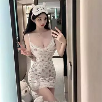 Кокетливая эстетика Платье на бретельках-спагетти с кружевом и цветочным узором Милые ночные платья Пляжный отдых Повседневный халат Сексуальный one size