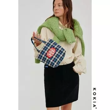 Kokia In Stock Texture Plaid Angel Embroidered Mini Canvas Handbag Cute Small Cloth Bag