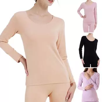 KOKKO 2 шт./компл. Женский комплект топа и брюк Slim Fit с длинными рукавами, однотонный низ с круглым вырезом, сохраняющий тепло, внутренняя одежда, бесшовный зимний комплект нижнего белья 3XL чёрный