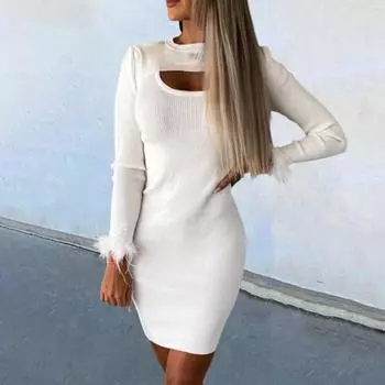 KOKKO с круглым вырезом и длинными рукавами, пушистыми манжетами, облегающее платье с запахом на бедрах, женское элегантное вечерние однотонное ажурное платье-свитер, мини-платье, уличная одежда 2XL чёрный