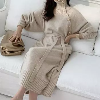 KOKKO Водолазка с длинными рукавами, наклонными пуговицами, полупланками и карманами, трикотажное платье, женское однотонное пуловер с поясом, вязаный свитер, платье миди, уличная одежда абрикосовый