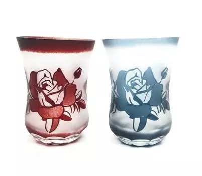 kokoro Kiriko Carved Rose Pair Sake Cup Set Glass Gift Cold Sake Cup Frosted Glass Highball Shochu Set of 2 Red Blue Sake Beer Cloudy Stylish [Kokoro]