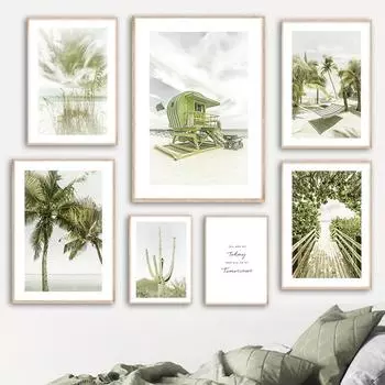 Кокосовая пальма, пляжный домик, кактус, зеленые постеры на скандинавскую тему и принты, настенная живопись на холсте, настенные панно для декора гостиной 21cm30cm NoFrame