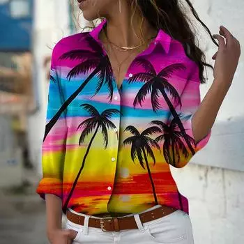 Кокосовая пальма Принт Женская блузка Весна Осень Femme Офисные Дамы Застежка на пуговицы Отложной воротник Рубашки XS розовый