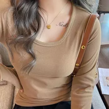 Кокосовый бархат немецкий бархат осенне-зимняя нижняя рубашка для женщин с U-образным круглым вырезом, футболка с длинными рукавами, верхняя одежда, облегающий топ S