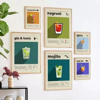 Коктейль Мохито принты Кровавая Мэри Метрополис Джин Негрони Май Тай настенная живопись на холсте ретро постер подарок украшение для кухни 21x30cm No Framed