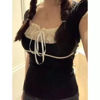 Коктейльные кружевные укороченные футболки женские милые девушки с бантом эстетические топы в японском стиле 2000-х годов Y2k футболки с короткими рукавами лето 2024 S чёрный