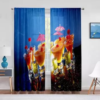 Коктейли крупным планом ледяные коктейли малиновые тюлевые шторы для спальни, зала, декора гостиной, прозрачная занавеска из вуали, кухонные шторы 1 PCS W100XH250cm&Rod Pocket