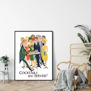 Коктейли подаются. Плакаты и принты. Картина на холсте. Модерн середины века. Ретро-настенные картины. Бар. Вечеринка. Кухня. Домашний декор. 21x30cm No Framed белый